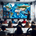Dall e 2023 10 17 19 33 03 photo d une salle de classe avec un grand ecran projetant une carte mondiale interactive une enseignante d origine latine utilise une telecommande po