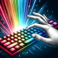 Dall e 2023 10 18 15 07 01 drawing of a person s hand hovering over a rainbow colored keyboard with bright beams of colored light shooting up from the keys